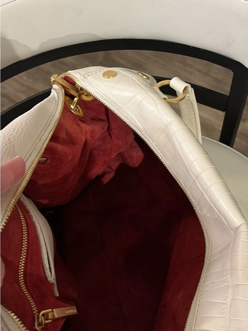 Hammitt White Croc-Embossed Shoulder Bag with Red Suede Lining